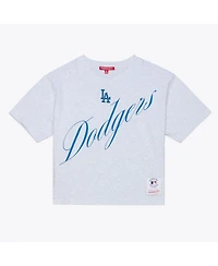 Mitchell & Ness Women's Heather Gray Los Angeles Dodgers Script Cropped Boxy T-Shirt
