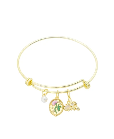 Unwritten Cubic Zirconia and Mother of Pearl Flower and Bee Charm Bangle Bracelet