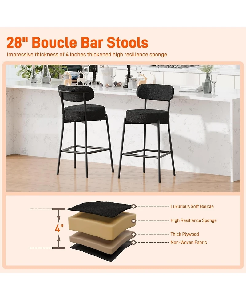Dyhome Bar Stools Set of 3, 28 Inches Modern Counter Height with Curved Back Metal Legs, Upholstered Tall Barstools for Kitchen Island, Caf