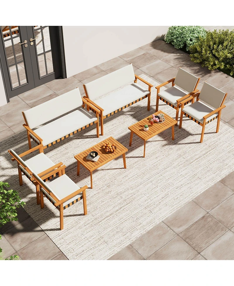 Costway 8 Pcs Wood Furniture Set with Coffee Table Seat Back Cushions for Backyard