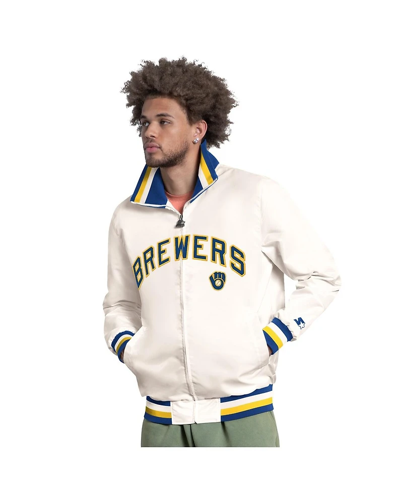 Starter Men's White Milwaukee Brewers The Captain Cooperstown Logo Full-Zip Varsity Jacket