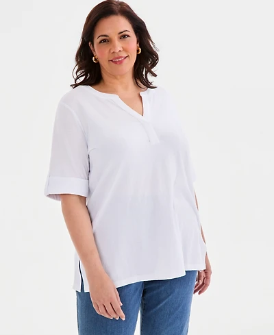 Style & Co Plus Roll-Tab Elbow-Sleeve T-Shirt, Macy's Exclusive