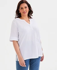 Style & Co Plus Roll-Tab Elbow-Sleeve T-Shirt, Macy's Exclusive