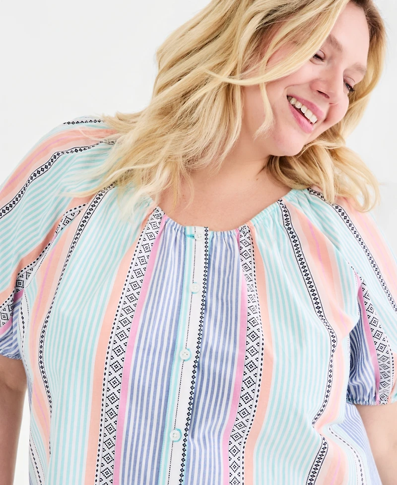 Style & Co Plus Cotton Button-Front Puff-Sleeve Top, Macy's Exclusive
