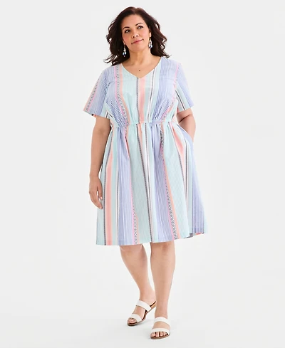 Style & Co Plus Cotton Striped Fit Flare Dress, Macy's Exclusive