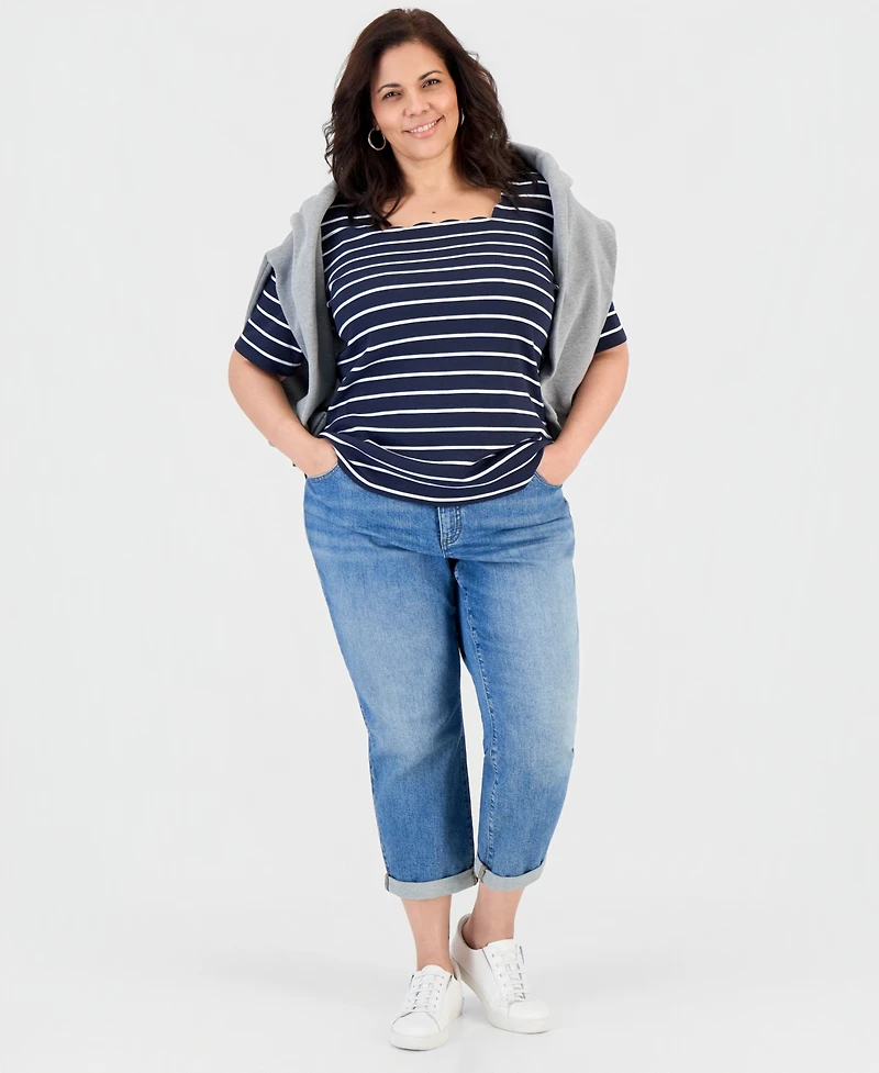 Style & Co Plus Striped Scalloped Square-Neck Top, Macy's Exclusive