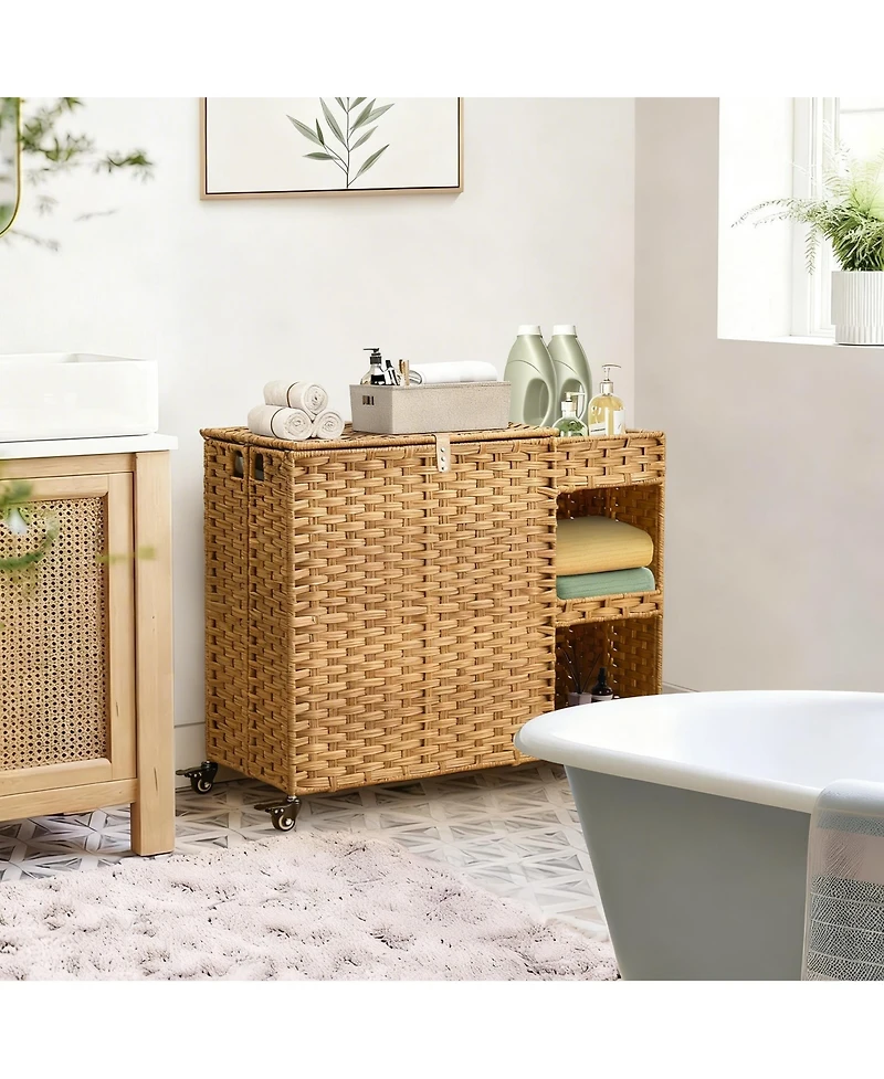 Yigii Gal. Rattan Laundry Hamper with Wheels, Liners, Mesh Bags, Durable