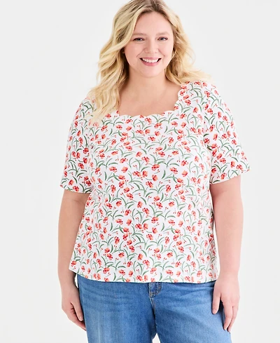 Style & Co Plus Printed Scalloped Square-Neck Top, Macy's Exclusive