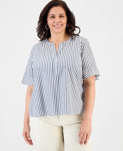Style & Co Plus Flared-Cuff Split-Neck Top, Macy's Exclusive