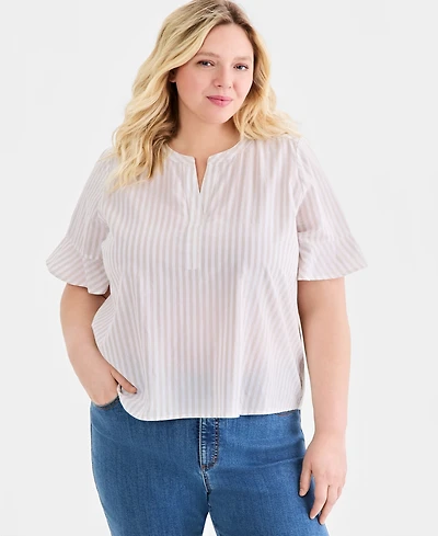 Style & Co Plus Flared-Cuff Split-Neck Top, Macy's Exclusive