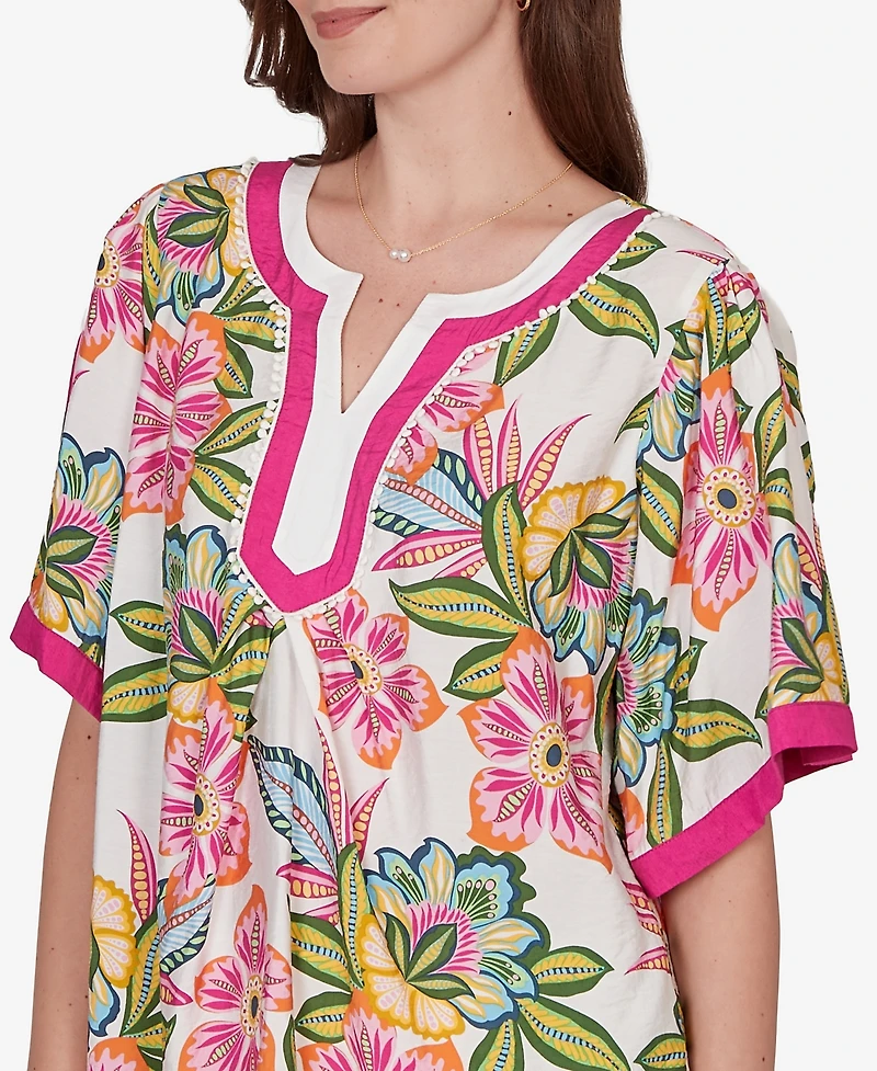 Ruby Rd. Petite Tropical Floral Trim Detail Top