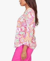 Ruby Rd. Petite Floral Puff Print Ruffle-Sleeve Knit Top