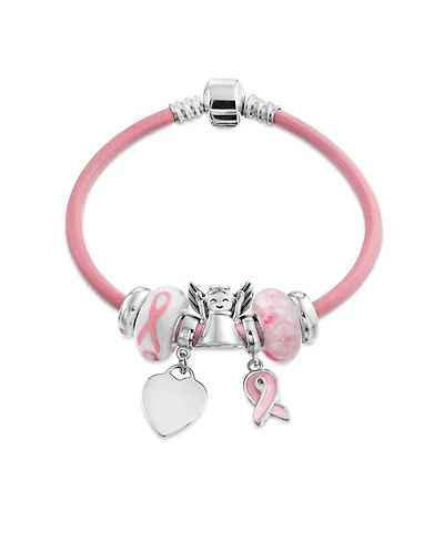 Bling Jewelry Support Breast Cancer Survivor Angel Pink Ribbon Multi Bead Charm Leather Bracelet .925 Sterling Silver
