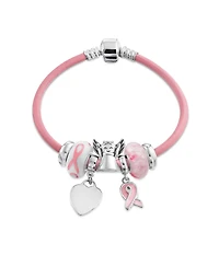 Bling Jewelry Support Breast Cancer Survivor Angel Pink Ribbon Multi Bead Charm Leather Bracelet .925 Sterling Silver