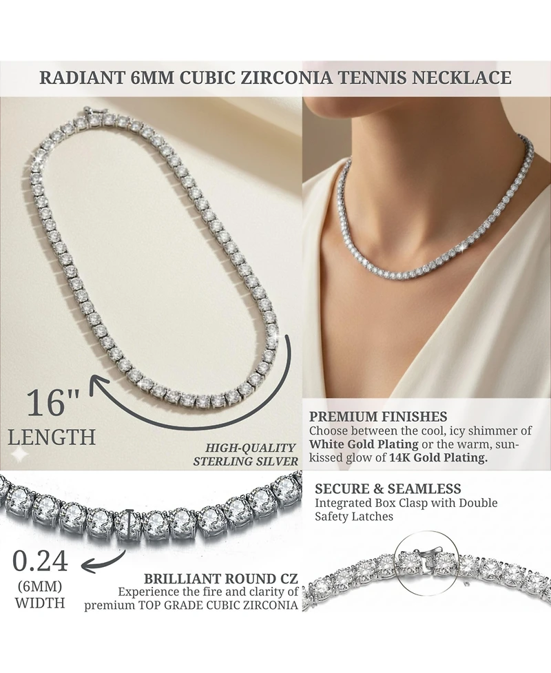 Sterling Silver with 6mm Clear Cubic Zirconia Tennis Necklace