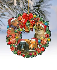 Designocracy Christmas Friends Puppy Wreath Holiday Ornaments, Set of 2