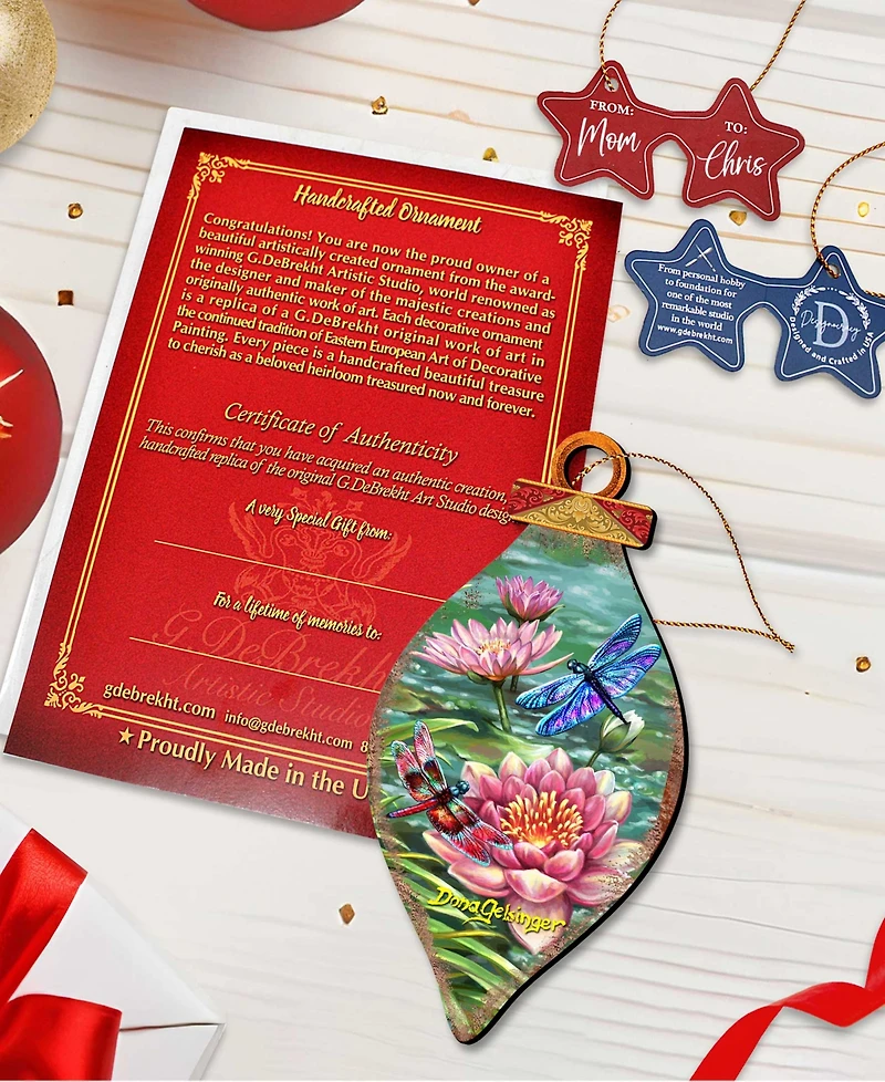 Designocracy Dragonflies and Water Lilies Holiday Ornaments, Set of 2
