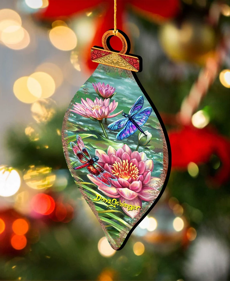 Designocracy Dragonflies and Water Lilies Holiday Ornaments, Set of 2