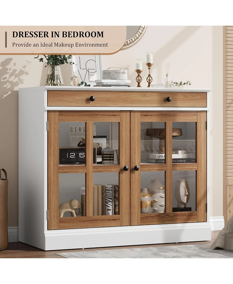 gaomon 35 Point 4 Inch Sideboard Buffet Cabinet with Glass Door and Drawer White Plus Brown Modern Storage for Dining Room Kitchen