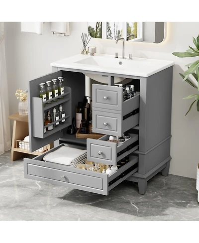 Sillysis 30'' Bathroom Vanity with Ceramic Sink, Solid Wood & Mdf, Multi-Drawer Storage Soft Close Door for Modern Bathrooms
