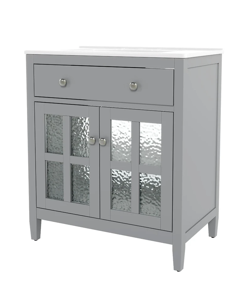 Sillysis 30" Bathroom Vanity with Sink, Modern Solid Wood Cabinet Textured Glass Doors, Flip-Out Tray & Adjustable Shelf