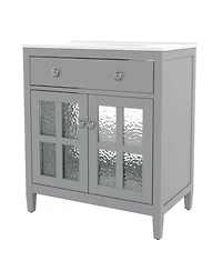 Sillysis 30" Bathroom Vanity with Sink, Modern Solid Wood Cabinet Textured Glass Doors, Flip-Out Tray & Adjustable Shelf