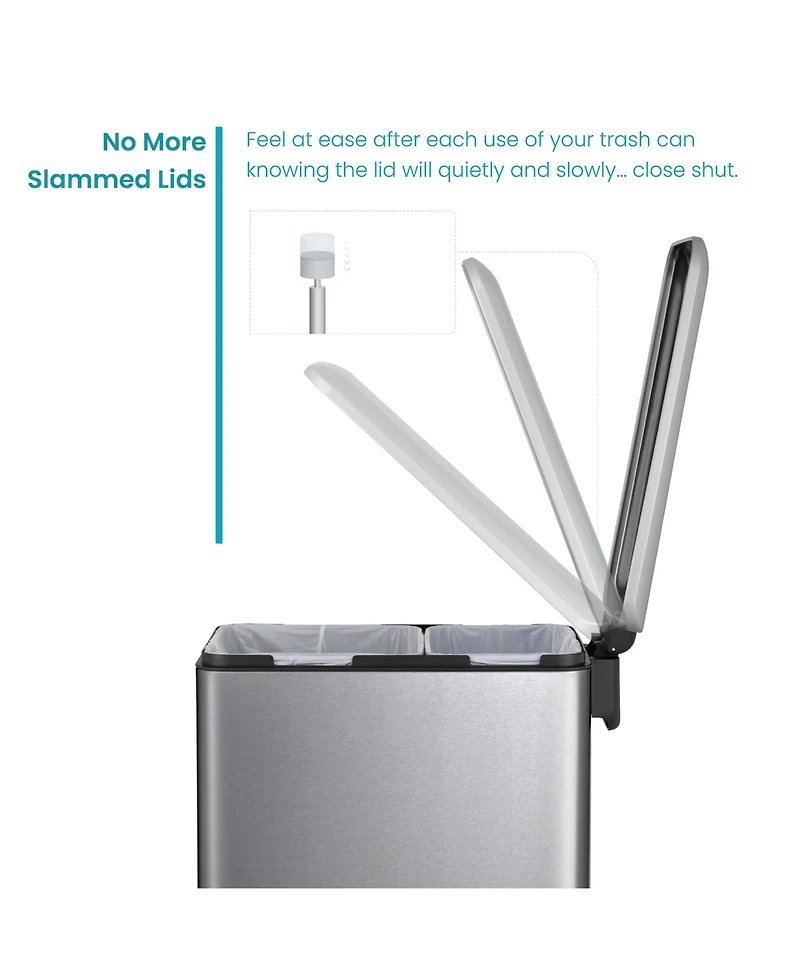 Home Zone Living 13 Gallon Dual Compartment Stainless Steel Kitchen Trash Can with Step Pedal and Soft Close Lid, Silver