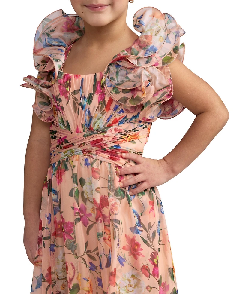 Mac Duggal Little Girls Chiffon Ruffle Shoulder Dress