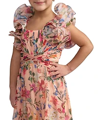Mac Duggal Little Girls Chiffon Ruffle Shoulder Dress