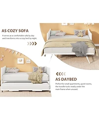 gaomon Daybed with Trundle, Industrial Wood Grain Headboard and Steel Slat Support with Casters