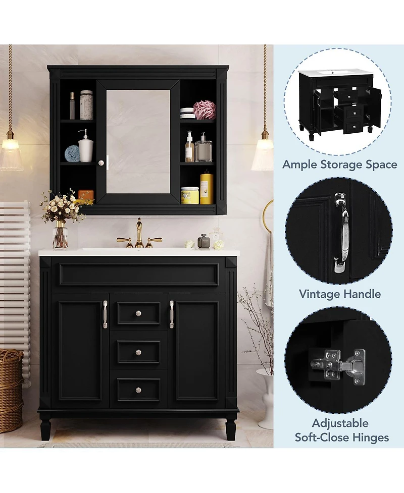 Sillysis 36" Bathroom Vanity with Sink and Mirror, Modern Freestanding Solid Wood Cabinet Storage Drawers Ceramic Top-Sillysis