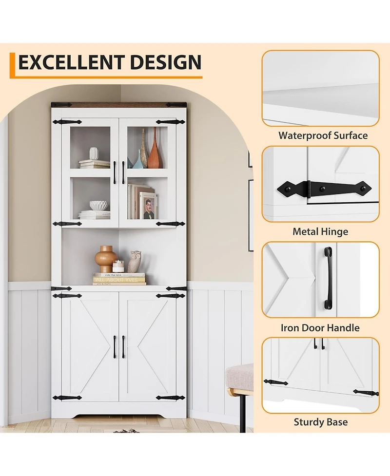 gaomon Rustic Farmhouse Tall Corner Storage Cabinet with Glass Doors & Adjustable Shelves, Corner Display Cabinet for Kitchen