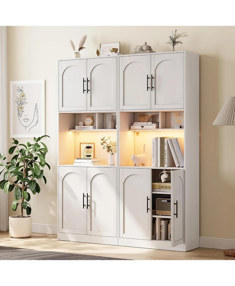 gaomon Tall Pantry Cabinet with Countertop, Kitchen Cabinets with Led Light Strip & Microwave Shelf