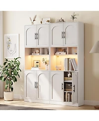 gaomon Tall Pantry Cabinet with Countertop, Kitchen Cabinets with Led Light Strip & Microwave Shelf