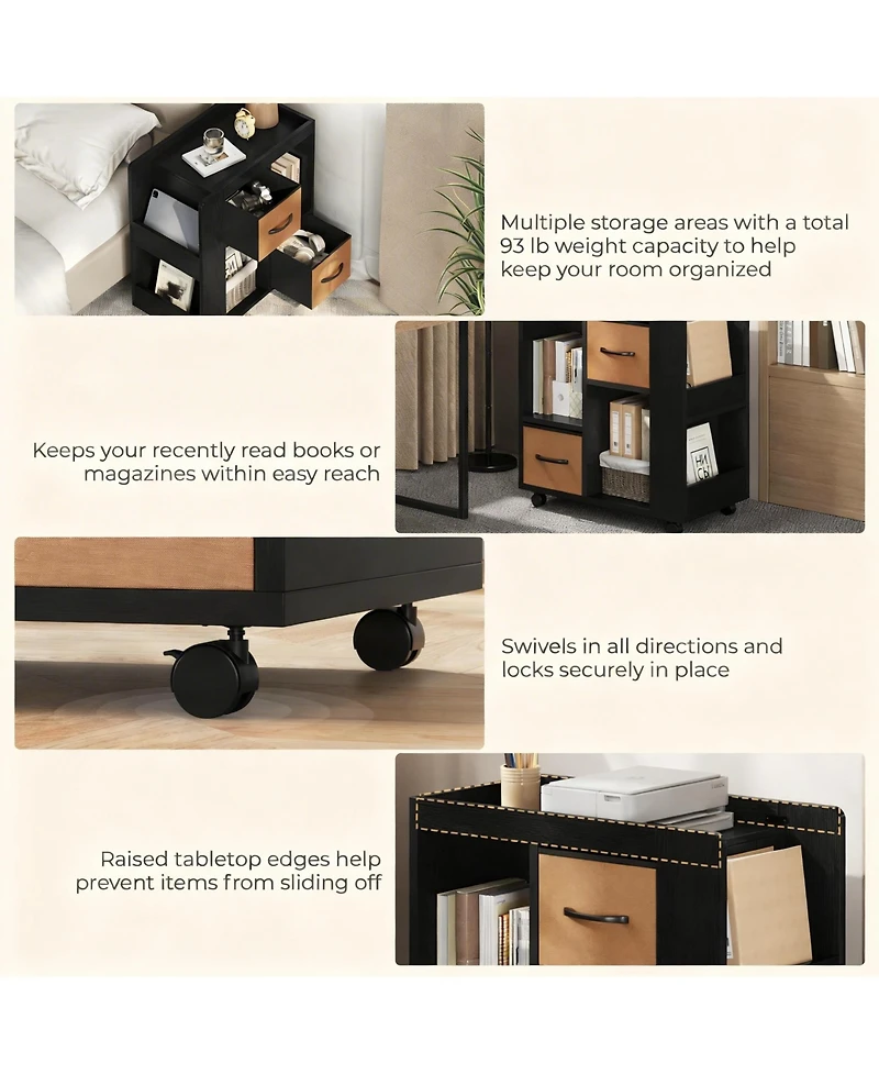 Yigii Rolling Storage Cart with 2 Fabric Drawers & 4 Shelves for Books, Magazines, Records