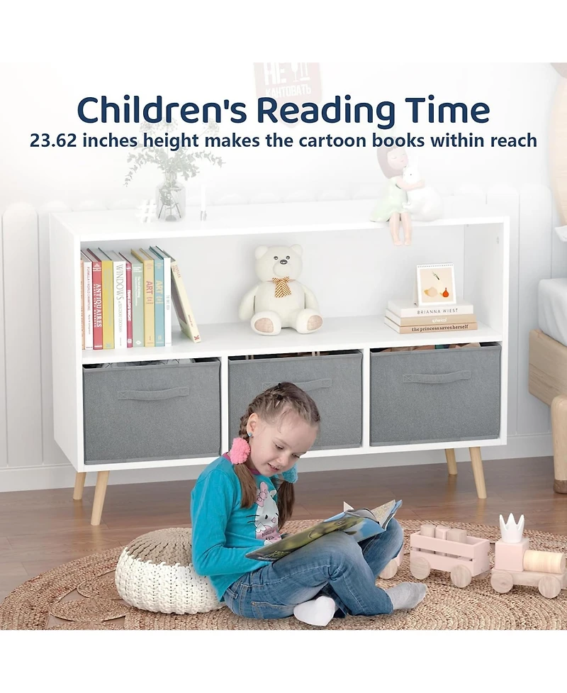 Rainsken Kids Bookcase and Bookshelf, Toy Storage Cabinet Organizer with 3 Collapsible Fabric Drawers for Playroom