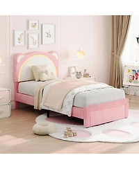 gaomon Kids Velvet Bed Frame with Led Lights, Adjustable Bear Headboard , Under-Bed Storage, Solid Wood Slats, Noise-Free