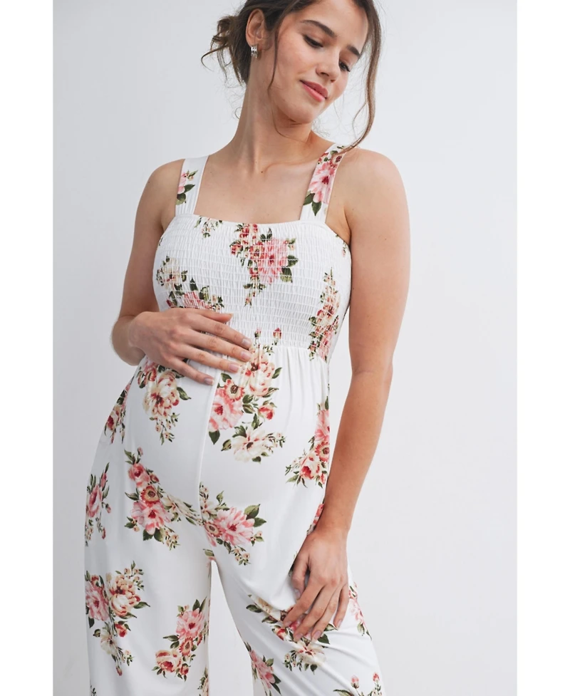 Hello Miz Maternity Floral Smocked Square Neck Wide Leg Jumpsuit with Pockets