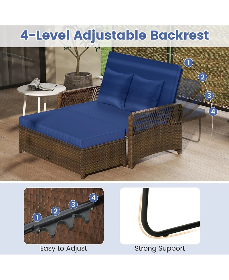 Gymax Patio Rattan Daybed Wicker Loveseat Sofa w/ Multifunctional Ottoman