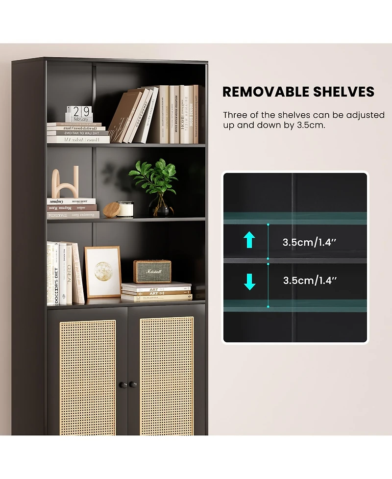 Rainsken 71" Tall Bookshelf, 5 Tier Wood Storage Bookcase with Rattan Doors, Ample Storage Space for Living Room, Home Office
