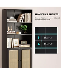 Rainsken 71" Tall Bookshelf, 5 Tier Wood Storage Bookcase with Rattan Doors, Ample Storage Space for Living Room, Home Office