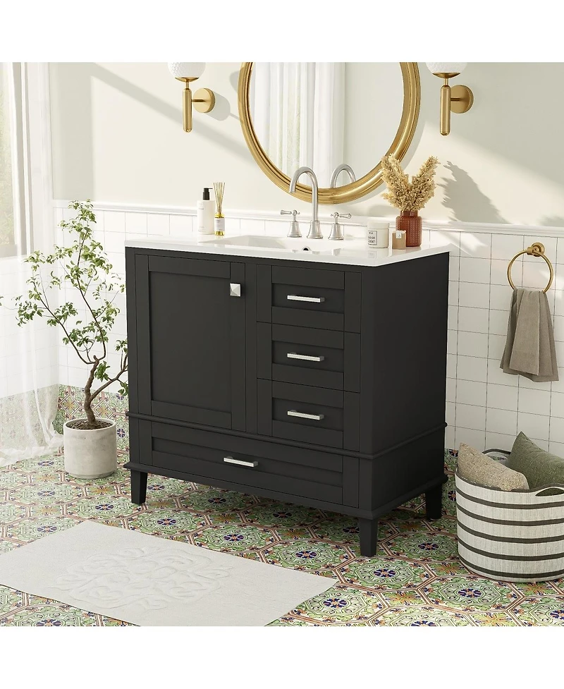 Sillysis Bathroom Vanity with Ceramic Sink, Solid Pine Frame, Soft Close Drawers & Door for Small Spaces