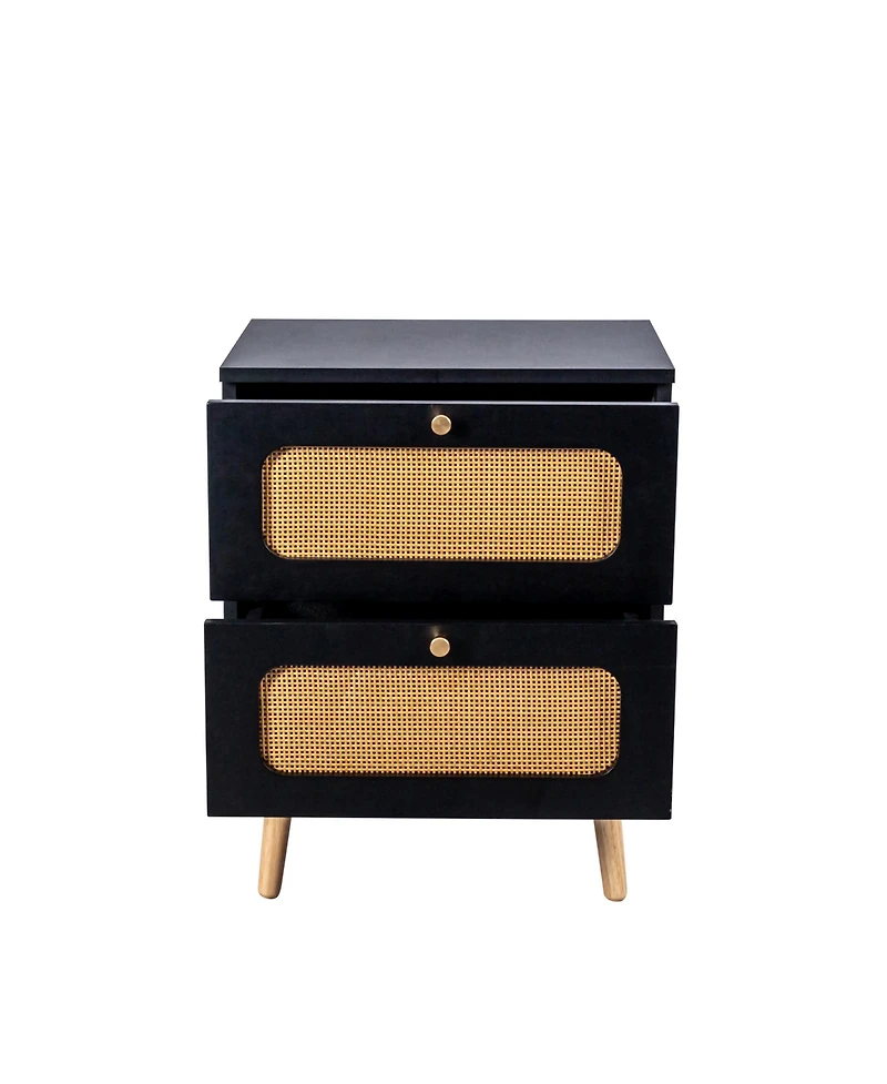 Rainsken 2-Drawers Rattan Nightstand, Handwoven Bedside Table End Table with Solid Wood Legs for Bedroom and Living Room