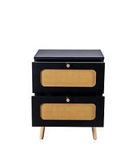 Rainsken 2-Drawers Rattan Nightstand, Handwoven Bedside Table End Table with Solid Wood Legs for Bedroom and Living Room
