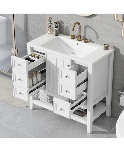 Sillysis 36 Bathroom Vanity with Ceramic Sink, Solid Wood Cabinet, 3 Drawers & Adjustable Shelf for Modern Bathrooms