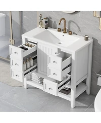 Sillysis 36 Bathroom Vanity with Ceramic Sink, Solid Wood Cabinet, 3 Drawers & Adjustable Shelf for Modern Bathrooms