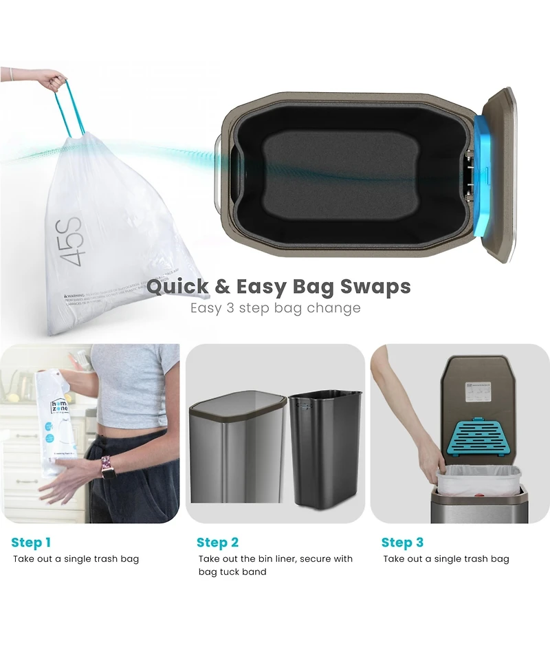 Home Zone Living 13 Gallon Slim Stainless Steel Kitchen Trash Can with Clean Aura Odor Control and Soft Close Lid