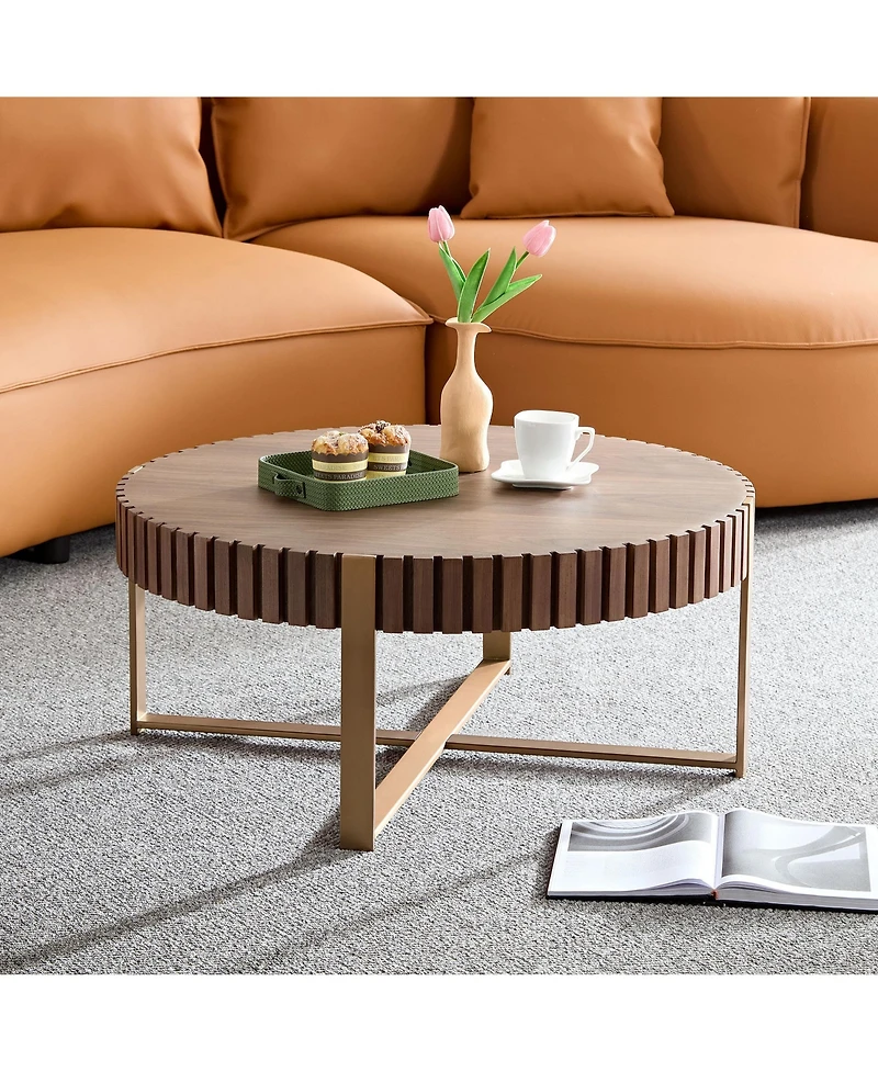 Rainsken Modern Drum Coffee Table, 31.5'' Round Center Table with Fluted Edge and Sturdy Pedestal for Living Room, Office