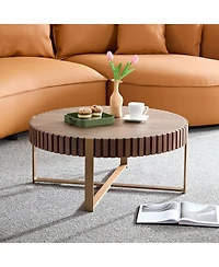 Rainsken Modern Drum Coffee Table, 31.5'' Round Center Table with Fluted Edge and Sturdy Pedestal for Living Room, Office