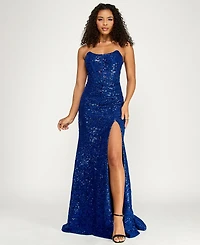 Emerald Sundae Junior's Floral Sequin Lace-Up Corset Gown